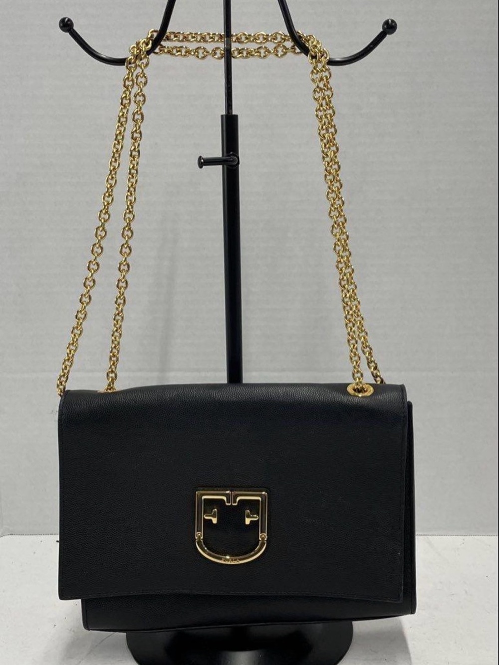 Furla Black Leather Shoulder Bag with Gold Hardware
